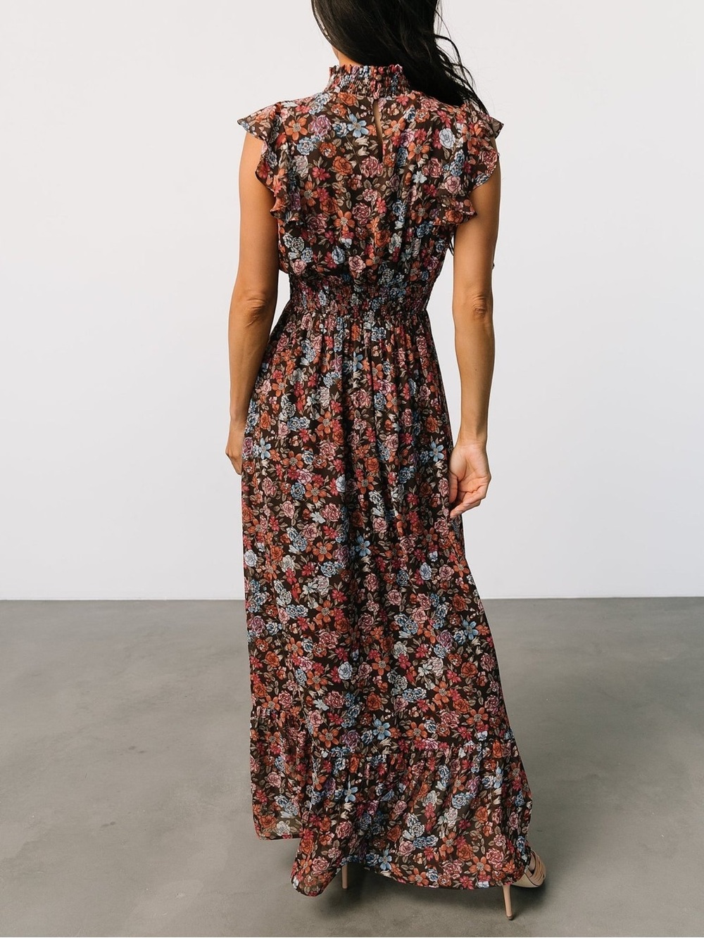New Baltic Born Kearny Ruffle Maxi Dress size large in brown multi floral - Picture 2 of 10